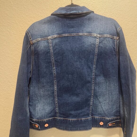 Denim Jacket Women's Size Large Cropped Stretch Long Sleeved Slit Pockets - Picture 3 of 16